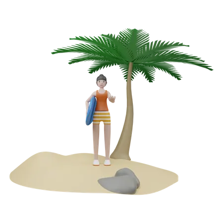 Girl With Surf Board 3D Illustration