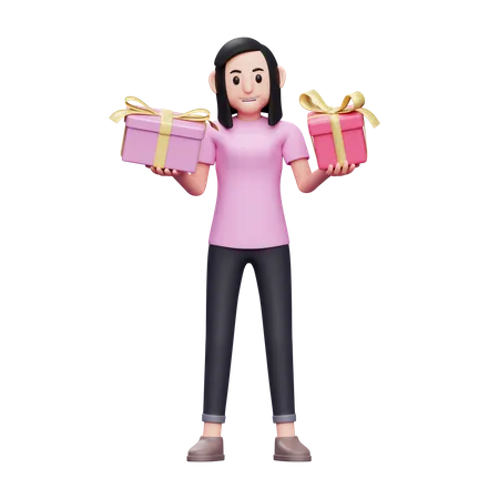 Girl with two valentine gifts  3D Illustration