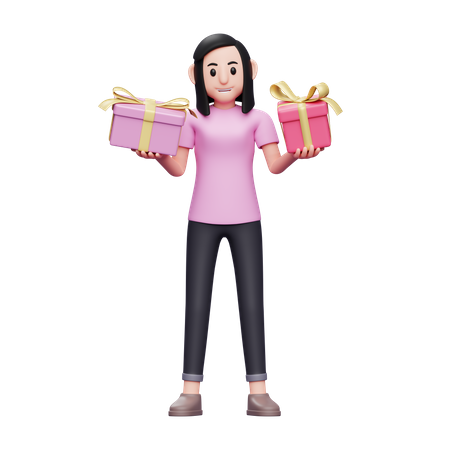 Girl with two valentine gifts 3D Illustration