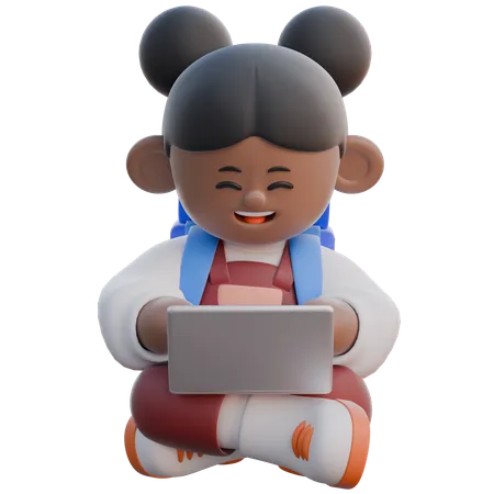 Girl with Typing on Laptop  3D Illustration