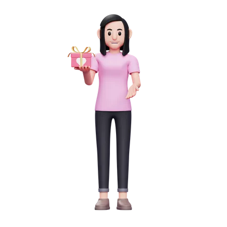 Girl Asking For Gift Exchange During Valentines Celebration Girl With Gift 3 D Character Illustration 3D Illustration