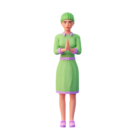 Girl with welcome hand pose  3D Illustration