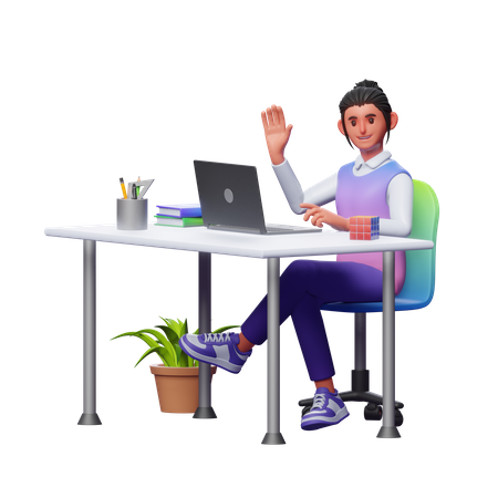 Girl Working At Office  3D Illustration