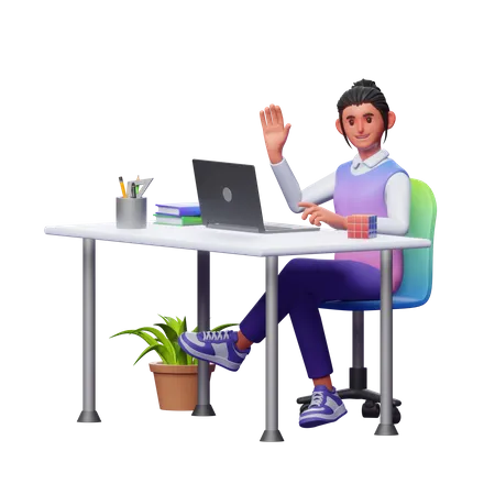 Girl Working At Office  3D Illustration