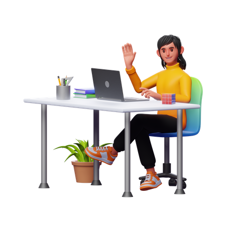 Girl Working At Office  3D Illustration