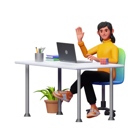 Girl Working At Office  3D Illustration