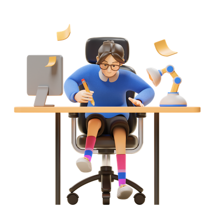 Girl Working At Office  3D Illustration