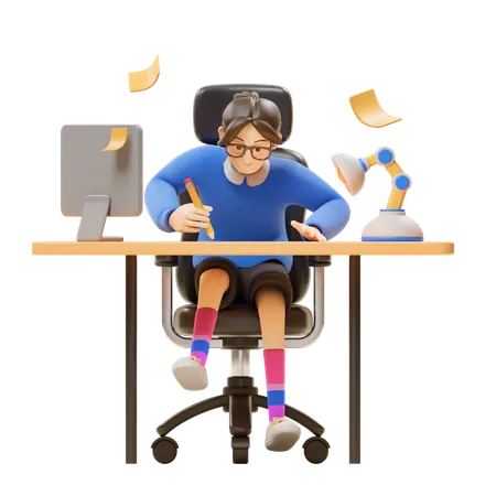 Girl Working At Office  3D Illustration