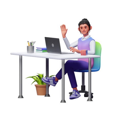 Girl Working At Office 3D Illustration