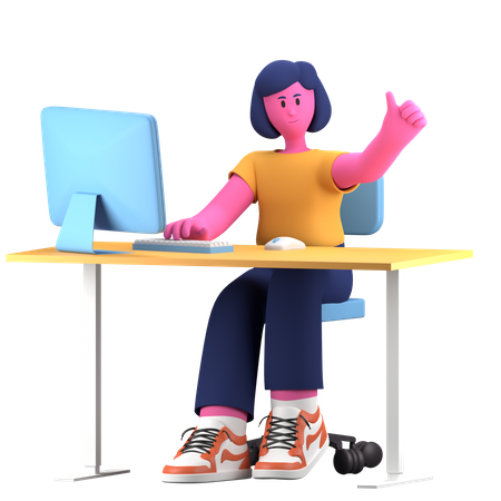 Girl working on computer  3D Illustration