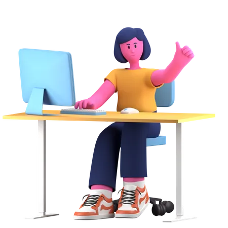 Girl working on computer  3D Illustration
