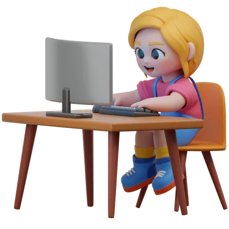 Girl Working On Desk  3D Illustration