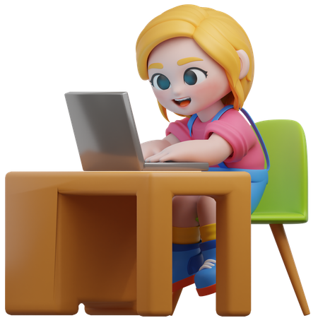 Girl Working On Desk  3D Illustration