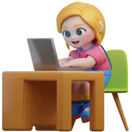 Girl Working On Desk  3D Illustration