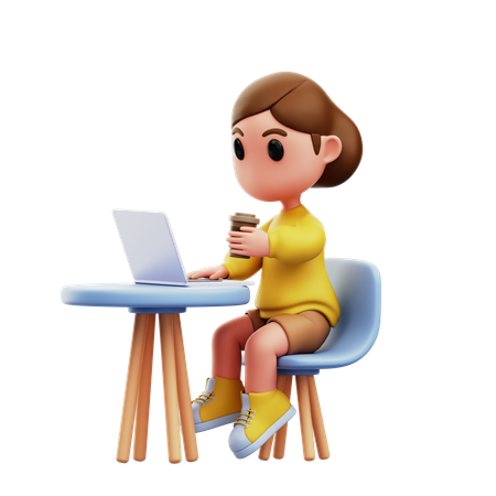 ノートパソコンで作業する女の子  3D Illustration