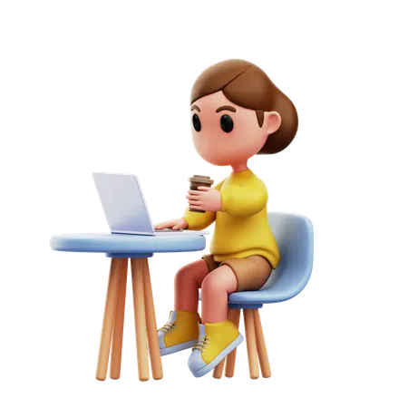 ノートパソコンで作業する女の子  3D Illustration