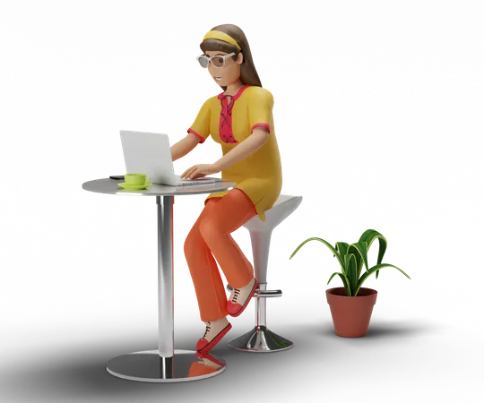 Girl Working On Laptop  3D Illustration