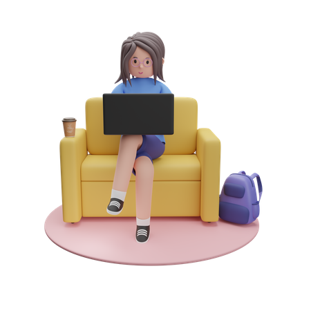 Girl Working On Laptop  3D Illustration