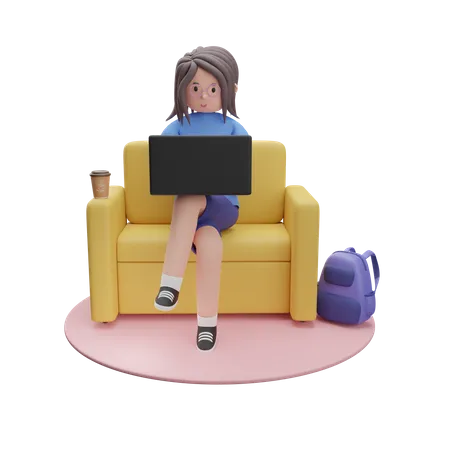 Girl Working On Laptop  3D Illustration