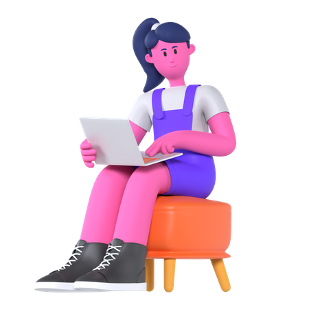 Girl Working On Laptop  3D Illustration