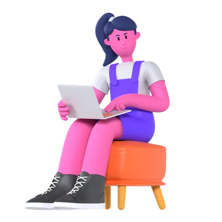 Girl Working On Laptop  3D Illustration