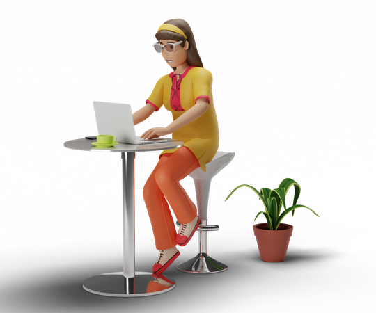 Girl Working On Laptop 3D Illustration