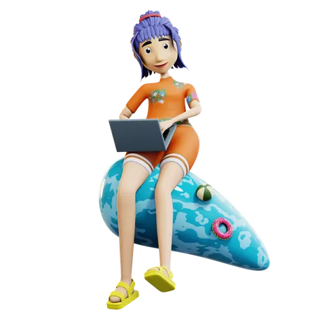 Girl working on vacation 3D Illustration