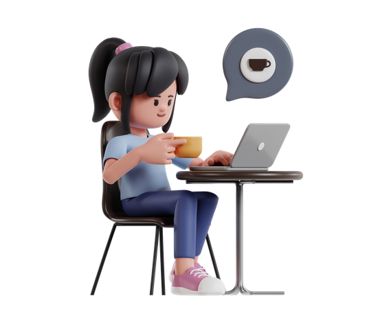 Girl Working With Laptop While Enjoying Coffee In Cafe  3D Icon