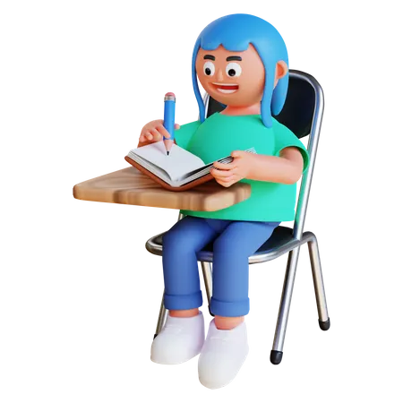 Girl writing on book and sit on chair  3D Illustration