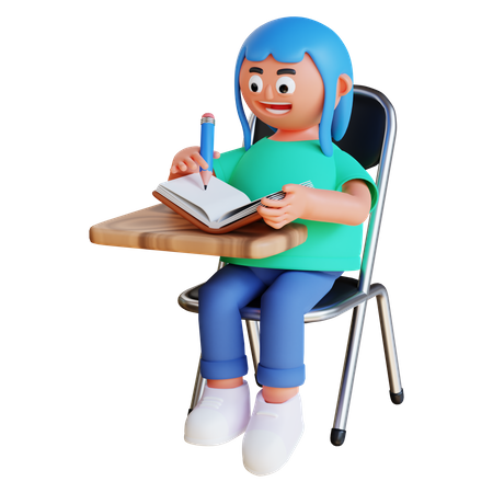 Girl writing on book and sit on chair  3D Icon