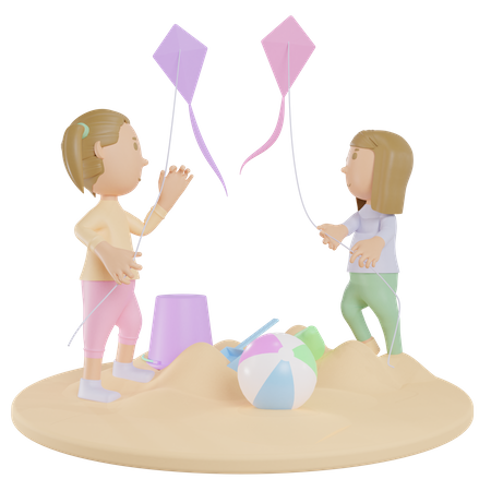 Girls Flying Kite On Beach  3D Illustration