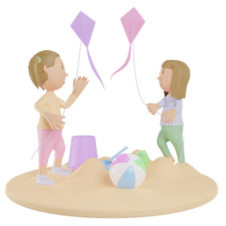 Girls Flying Kite On Beach 3D Illustration