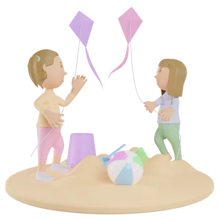 Girls Flying Kite On Beach  3D Illustration