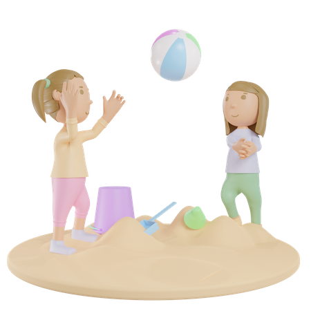 Girls Playing Ball On Beach  3D Illustration