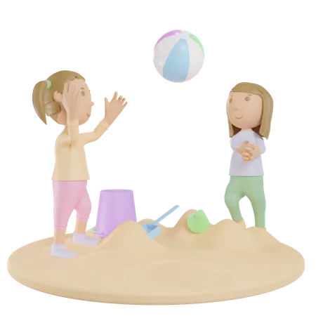 Girls Playing Ball On Beach  3D Illustration