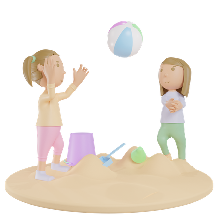 Girls Playing Ball On Beach 3D Illustration