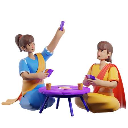 ディワリ祭でトランプをする女の子たち  3D Illustration