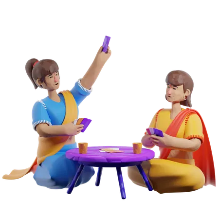 ディワリ祭でトランプをする女の子たち  3D Illustration