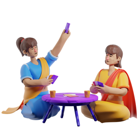 Girls Playing Cards During Diwali  3D Illustration