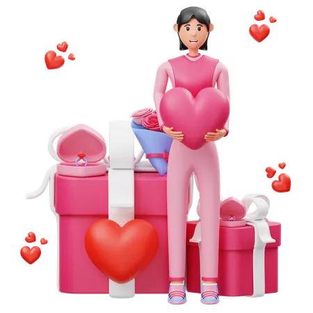 Girls standing while holding heart in hand and celebrate valentine's day 3D Illustration