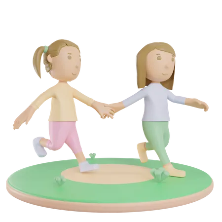 Girls Walking In Park  3D Illustration