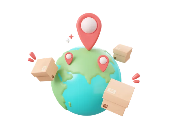 3 D Cartoon Design Illustration Of Parcel Boxes With Pin On Globe Global Shopping And Delivery Service Concept 3D Icon