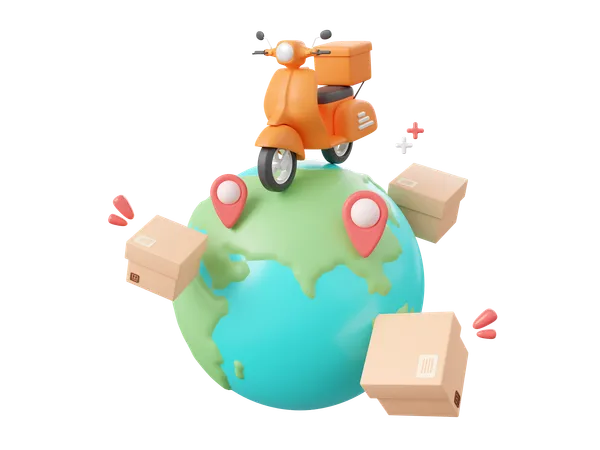 3 D Cartoon Design Illustration Of Delivery Scooter Shipping Parcel Boxes With Pin On Globe Global Shopping And Delivery Service Concept 3D Icon