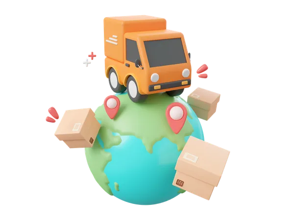 3 D Cartoon Design Illustration Of Delivery Truck Shipping Parcel Boxes With Pin On Globe Global Shopping And Delivery Service Concept 3D Icon