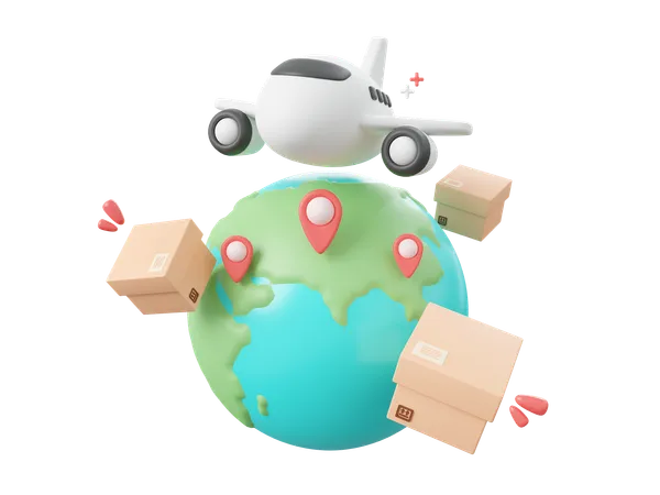 3 D Cartoon Design Illustration Of Delivery Airplane Shipping Parcel Boxes With Pin On Globe Global Shopping And Delivery Service Concept 3D Icon