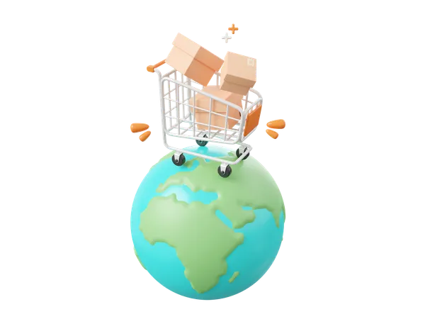 3 D Cartoon Design Illustration Of Parcel Boxes In Shopping Cart On Globe Global Shopping And Delivery Service Concept 3D Icon