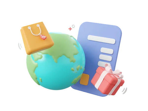 3 D Cartoon Design Illustration Of Global Shopping And Payment By Credit Card Around The World 3D Icon