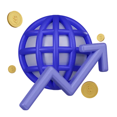 This 3 D Icon Illustrates The Concept Of Global Economic Growth With A Globe Upward Trend Line And Coins Representing International Business And Finance 3D Icon