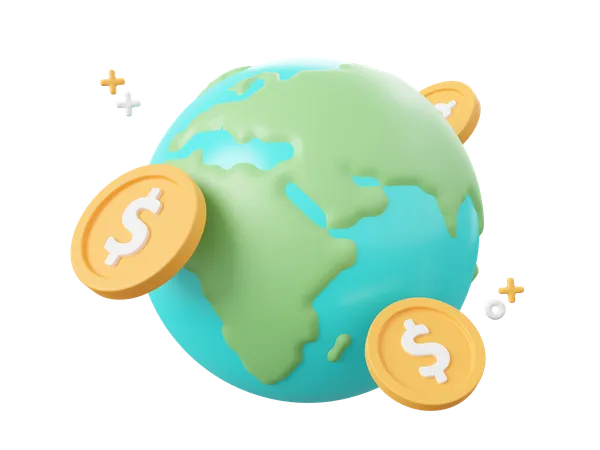 3 D Cartoon Design Illustration Of Globe With Dollar Coins Investment And Savings Concept 3D Icon