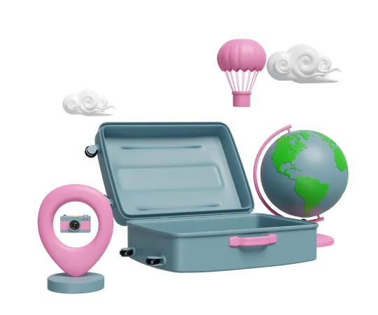 3 D Open Suitcase Empty With Location Pin GPS Navigator Map Cloud Globe Balloon Camera Isolated Summer Travel Concept 3 D Illustration Render 3D Icon